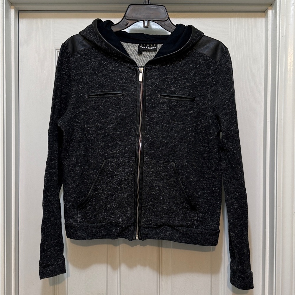 The Kooples Sport Heather Charcoal Moto Zip Hoodie Faux Leather Trim Size 2